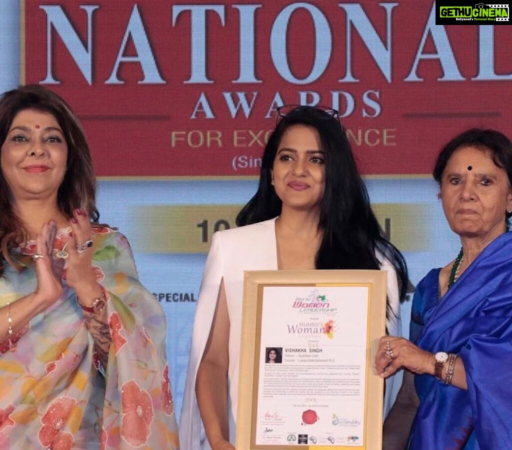 Vishakha Singh Instagram - Honoured and humbled to have been felicitated with the "Mumbai's Women Leaders" title by CMO Asia and World Women Leadership Congress. Initially, I wasn't convinced if I should accept this citation - simply because all the other awards and nominations I have received in the past have been vis a vis my roles or films I have produced independently or start up challenges that I have been a part of. This one was just about 'me'. However, I reminded myself that we women often doubt ourselves despite our accomplishments. (Studies even suggest that women are more likely to experience workplace imposter syndrome). So, while this recognition took me by surprise, it made me realise the value of my collective accomplishments. Hence, on a rainy evening at Taj Lands, surrounded by incredible achievers, I accepted the award from esteemed philanthropists. There's still a long way to go for me, but this award serves as a reminder of how far I've come. Excited for what lies ahead! #MumbaiWomenLeaders #Grateful #Recognition #FutureSuccess Taj Lands End, Mumbai