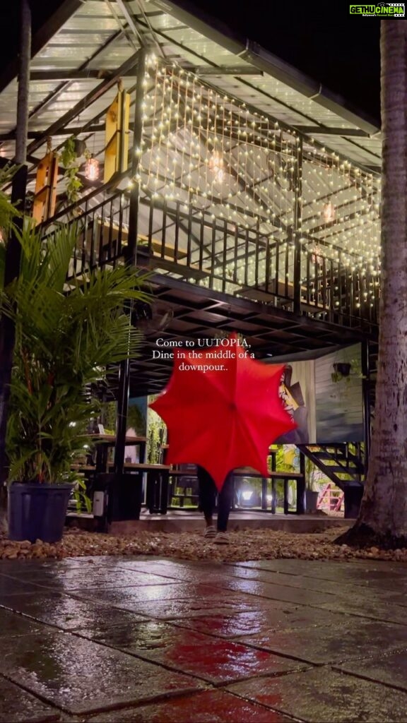 Abhirami Suresh Instagram - Come to uutopia… To dine in the rain… 🤍🫶🏻 . . . #rainynights #rain #kochirain #pluviophile #rainlover #kochigram #kochi #uutopia #viral #viralcafe #kochicafe #gardencafe #bestcafe Cafe Uutopia