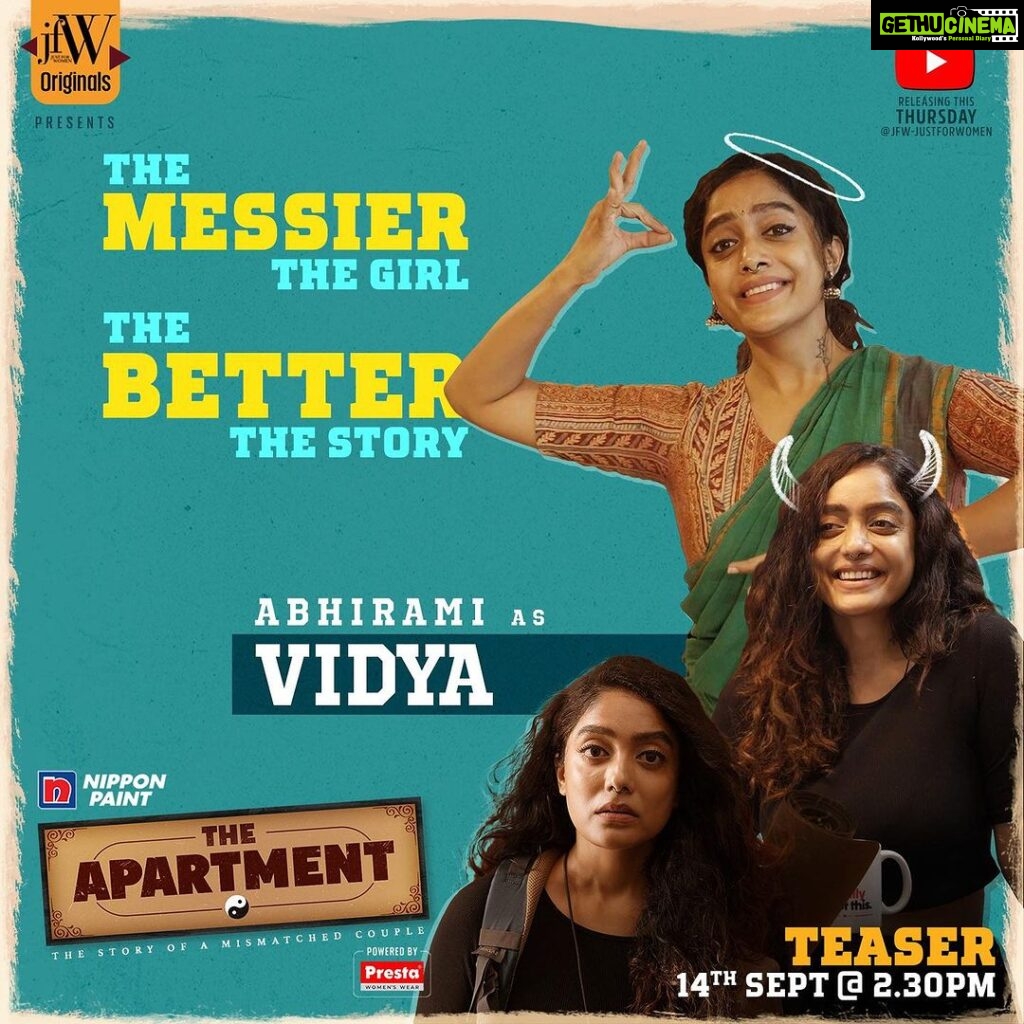 Abhirami Venkatachalam Instagram - Get ready to witness @abhirami.venkatachalam as Vidya in our latest webseries "The Apartment"! Teaser releasing this Thursday - Sept 14th, 2:30 PM. Title Sponsor - @nipponpaintindia Powered by - @my.presta Produced by - @binasujit @sujitthegoat Directed by - @saakedh Creative Producer - @sanjivsk7 #jfw #jfworiginals #jfwwebseries #theapartment #abhirami #abhiramivenkatachalam #abhiramiiyer #romance #comedy #romcom