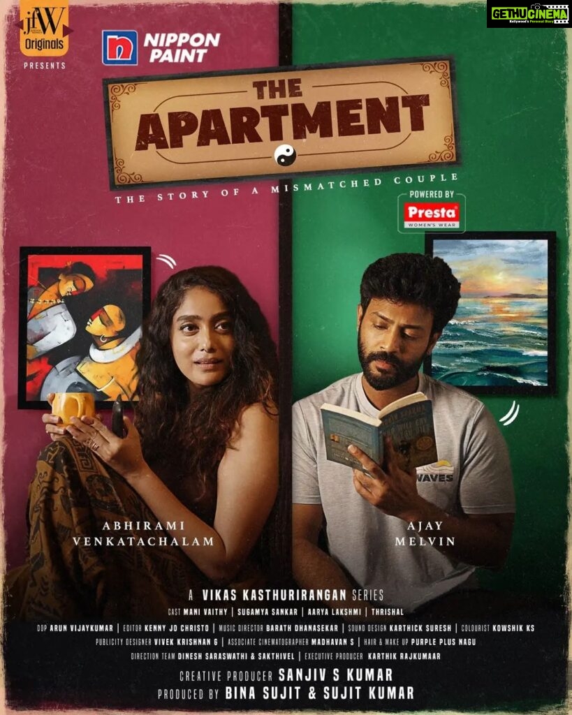 Abhirami Venkatachalam Instagram - Excited to share the first look poster of our upcoming web series titled "The Apartment" to be released on our JFW Digital Platforms 💯 Title Sponsor - @nipponpaintindia Powered by - @my.presta Produced by - @binasujit @sujitthegoat Directed by - @saakedh Creative Producer - @sanjivsk7 Cast - @abhirami.venkatachalam @ajaymelvinofficial @manivaithy @aarya.lakshmi_ @sugamya_sankar_official @_thrishall DOP - @__arunvjk Editor - @kenny2522_editor Music Director - @barath_dhanasekar Executive Producer - @karththikrajkumaar Publicity Designer - @vivek_g_krish Sound Design - @karthick48khz Colorist - Kowsi Costumes - @amara.by.neya Hair and Makeup - @purpleplusnagu Associate cinematographer - @madhavan_smg Direction Team - Dinesh Sakthi #jfw #jfworiginals #jfwwebseries #theapartment #abhirami #abhiramivenkatachalam #abhiramiiyer #romance #comedy #romcom