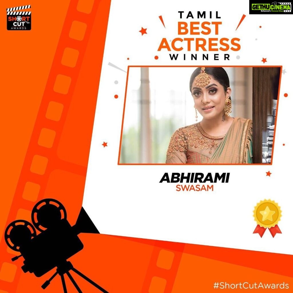 Abhirami Venkatachalam Instagram - Firstly I would like to thank my whole team and my coactors , without them this would have been impossible 🙏🏼 @balaji_krish18 my director my buddy thanks for believing in me 🙏🏼🙏🏼🙏🏼 swasam is too special for me ... @iam_arjun.raam you were such an amazing coartist thanks for being so supportive....♥️ @mrkrrish machi I still remember our montage shots ..., how funny it was for us ... sirichu sethom... on the whole m extremely happy we bagged the best actress award and of course my lovely fam and all beloved good hearted ones who voted for me and made this possible 🤗🤗🤗 #shortfilm #awards #swasam #special #closeto #heart #team #work #film #actor #life #positive #vibe #gods #blessings #gratitude #fam #love #nohate #hardwork #nevergiveup #abhirami #abhiramivenkatachalam #motivate