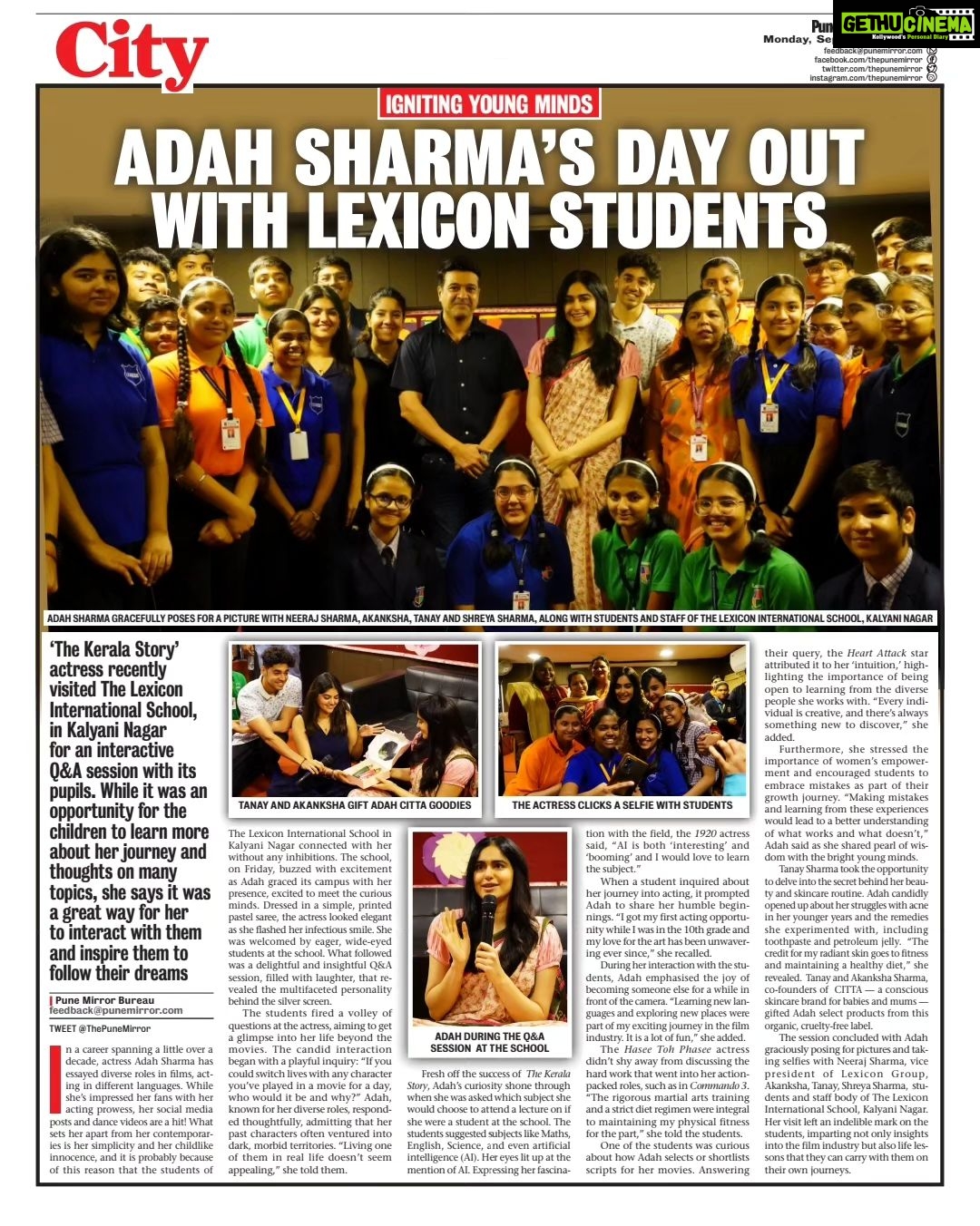 Adah Sharma Instagram - What was your favourite subject in school? Mine was science and music π«πΉπ·πΆπ©βπ¬ I got to hang out with these Intelligent, polite and articulate beings β€οΈ! Thank you @thepunemirror for taking me here β€οΈ I really enjoyed my afternoon