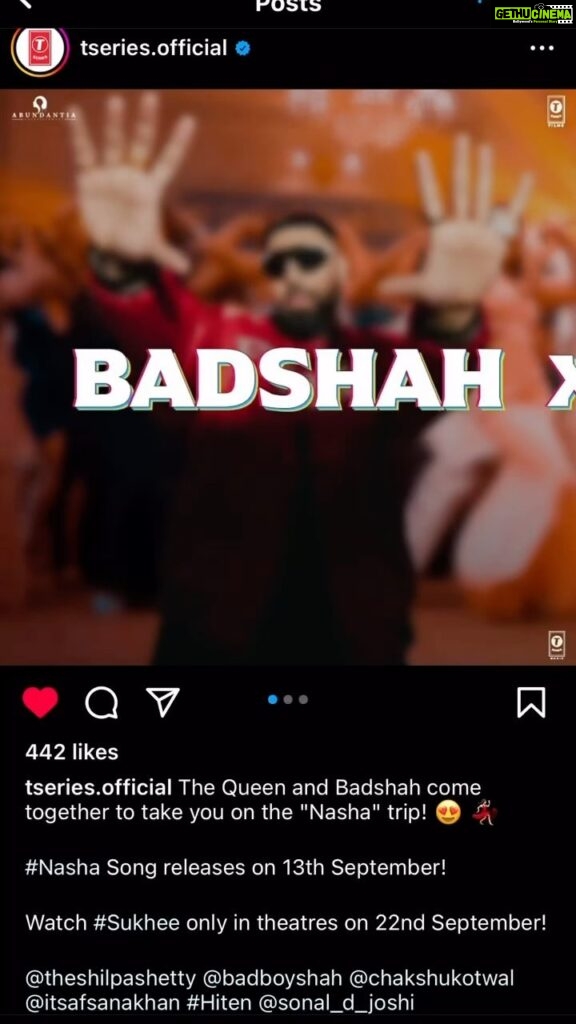 Afsana Khan Instagram - The Gold queen and Badshah come together to take you on the “Nasha” trip ! #Nasha song releases on 13 September ❤️ #sukhee @badboyshah @itsafsanakhan @theshilpashetty @kushakapila @tseries.official Chandigarh, India