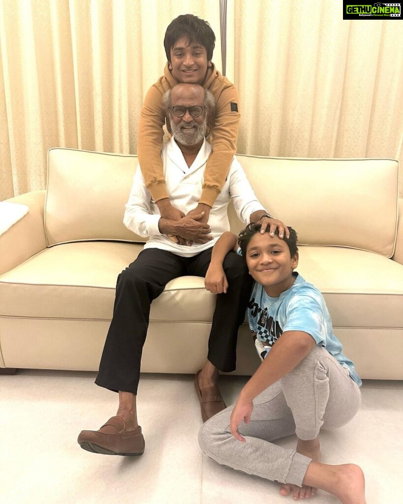 Aishwarya R. Dhanush Instagram - Cannot capture something more beautiful.. Cannot caption some such bonds .. My birthday boy with my boys ! #grandfatherlove❤ #grandsonsrock💙