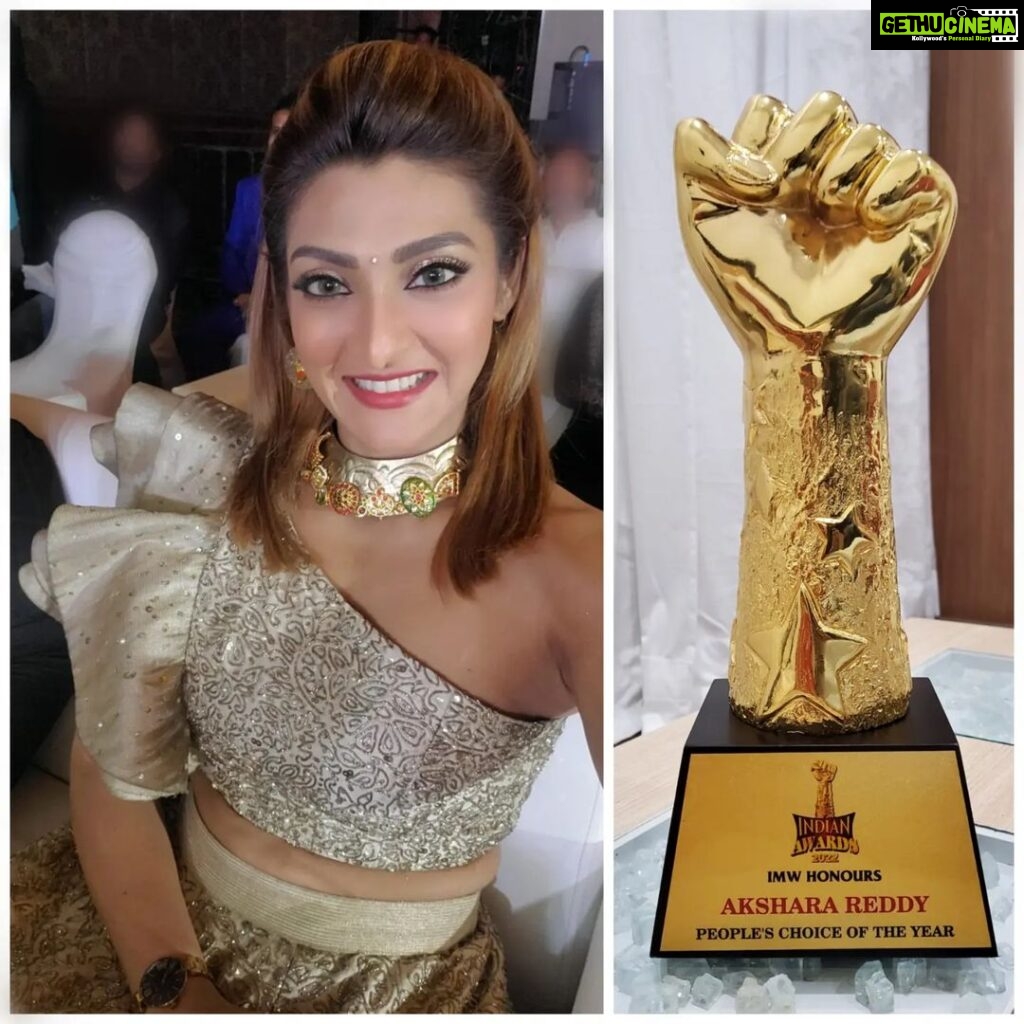 Akshara Reddy Instagram - IMW Indian Awards PEOPLE'S CHOICE OF THE YEAR AKSHARA REDDY.. thank you IMW @indian_media_works for hunouring me with this title, it means a lot to me.. winning people's heart has been my biggest goal in my life.. thanks to all my Fans for your unconditional love.. Wardrobe: @vivekarunakaran Jewellery: @rajianand ITC Grand Chola, Chennai
