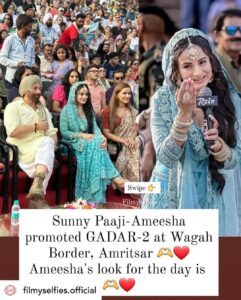 Ameesha Patel Instagram - Posted @withregram • @filmyselfies.official What a STUNNING way and PERFECT place to promote movie like Gadar-2 👍 Ameesha's look is also STUNNING 🫶
.
.
.
.
#ameeshapatel #sunnydeol #gadar2 #gadar #wagahborder #amritsar #bollywood
