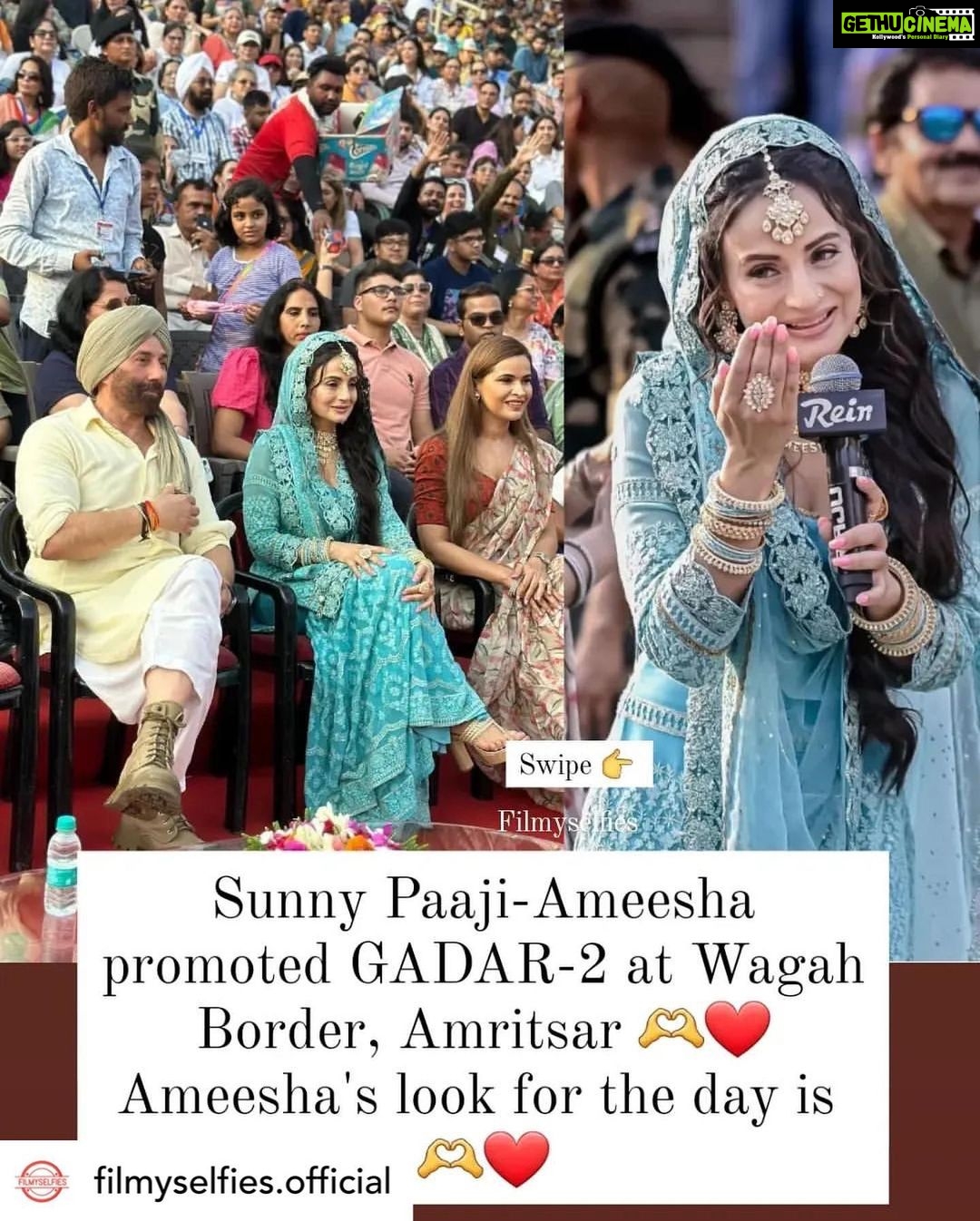 Ameesha Patel - 116.8K Likes - Posted @withregram • @filmyselfies.official What a STUNNING way and PERFECT place to promote movie like Gadar-2 👍 Ameesha's look is also STUNNING 🫶
.
.
.
.
#ameeshapatel #sunnydeol #gadar2 #gadar #wagahborder #amritsar #bollywood