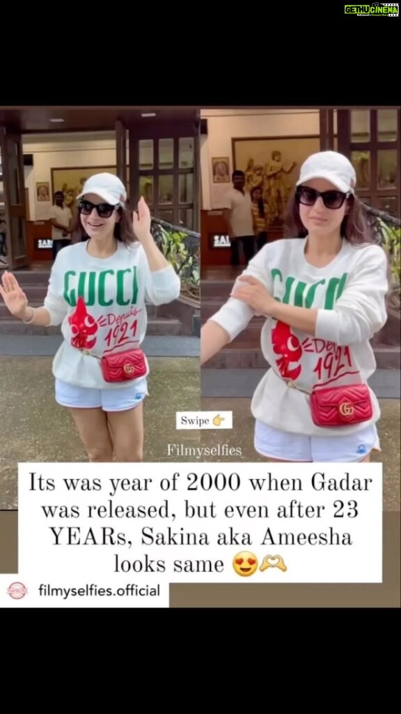 Ameesha Patel Instagram - Posted @withregram • @filmyselfies.official Its was year of 2000 when Gadar was released, but even after 23 YEARs, Sakina aka Ameesha looks same 😍🫶 What a STUNNING way to interact with pap 🫶😍 . . . . #ameeshapatel #gadar #gadar2 #sunnydeol #bollywood #bollywoodactress #mumbaifood