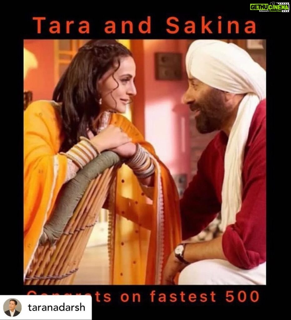 Ameesha Patel Instagram - Posted @withregram • @taranadarsh TARA SINGH - SAKINA - ‘GADAR 2’: ₹ 500 CR… The audiences have showed immense love on #TaraSingh and #Sakina… As #Gadar2 crosses the iconic ₹ 500 cr mark, everyone’s keen to watch this hugely popular jodi yet again… Will we get to see them yet again?… Is an announcement coming up?… That’s what #Tara and #Sakina’s fans are keen to know. #SunnyDeol #AmeeshaPatel #AnilSharma #ZeeStudios