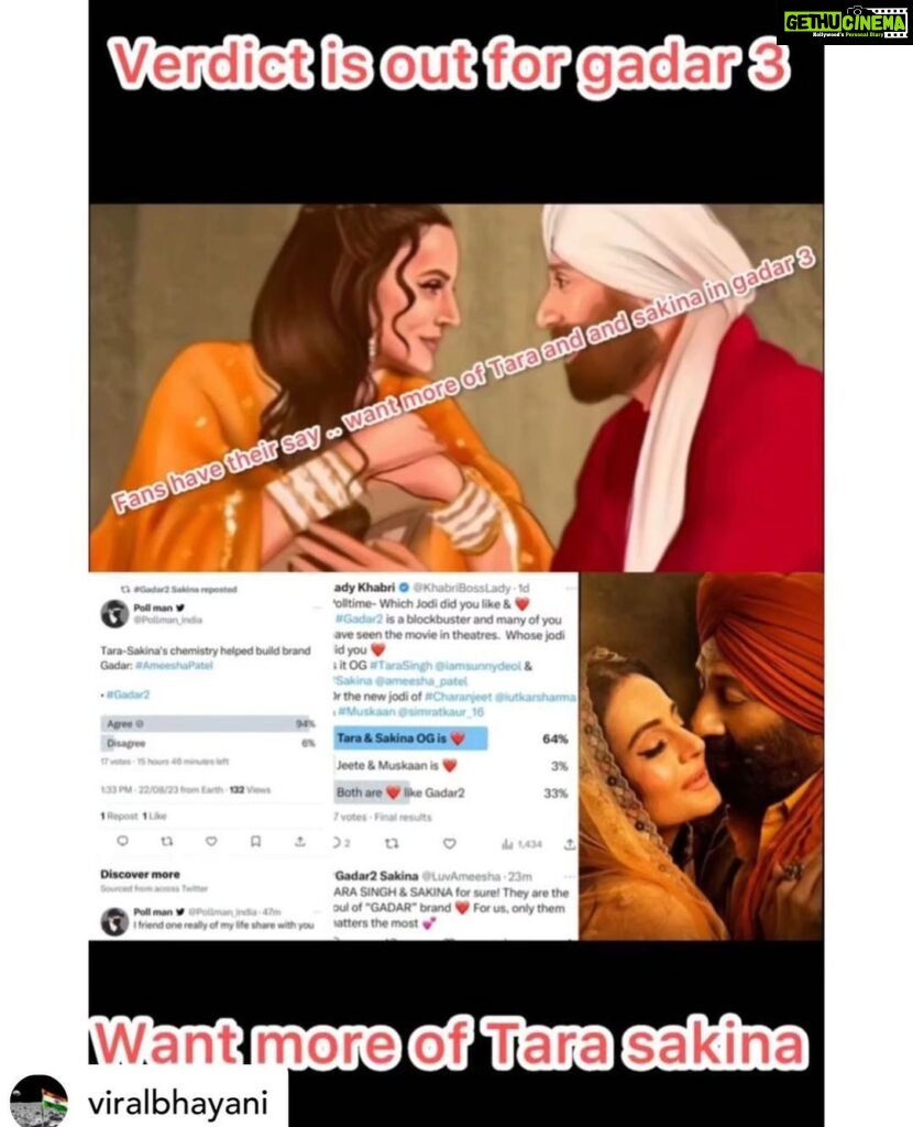Ameesha Patel Instagram - I’m Posted @withregram • @viralbhayani Fans have given their verdict.. for gadar 3 ,, with gadar 2 being a blockbuster ,, fans are now once again eager to see more of Tara and sakina together with more screen time in gadar 3