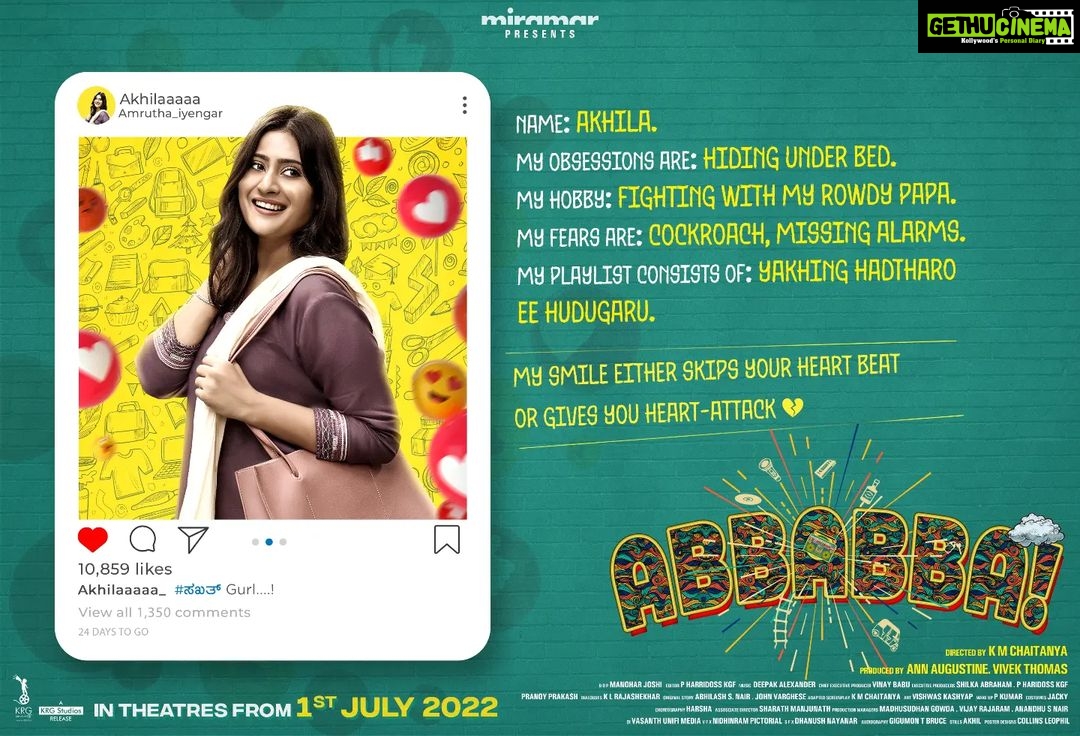 Amrutha Iyengar Instagram - Meet Akhila, the Miss you don't want to mess with.šš»āāļø @amrutha_iyengar #Abbabba @km.chaitanya @miramarfilms @likithshetty @theajayraj @thandav_ram @dhanu__achar @deepak.alexander @manohar_dop @annaugustiine @kkeviv @pooodup @anusharai_official @sihikahichandru @hd_sandy @krgstudios @krg_connects