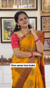 Anitha Sampath Instagram - change the saree look by just switching to a stylish blouse with a freehair or ponytail❤️difference in a plain saree will be even more better!

This saree was gifted by my nathanar @aathirai_arunchunai in 2019 during our wedding virundhu.

#anithasampath #blouse #onesareetwolooks