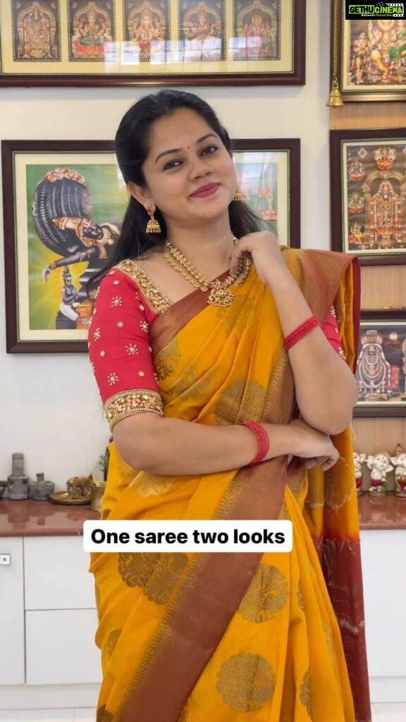 Anitha Sampath Instagram - change the saree look by just switching to a stylish blouse with a freehair or ponytail❤️difference in a plain saree will be even more better! This saree was gifted by my nathanar @aathirai_arunchunai in 2019 during our wedding virundhu. #anithasampath #blouse #onesareetwolooks