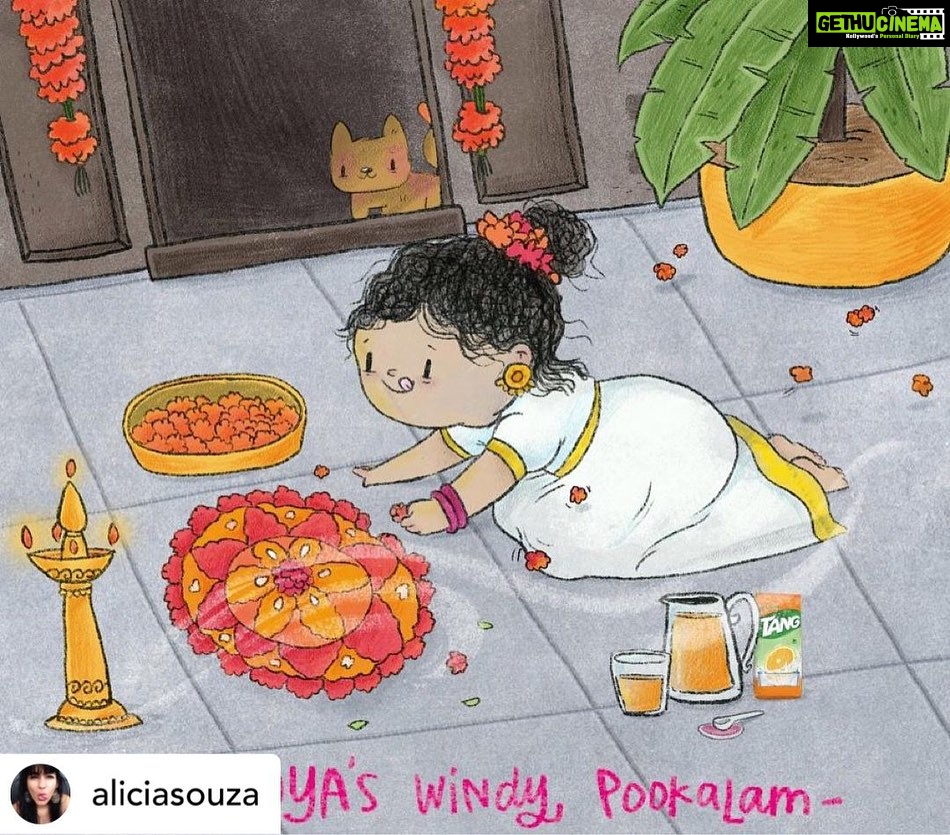 Anu Sithara Instagram - Onam is not just a festival, it’s a vibe! Alicia’s illustration brought back childhood break time memories. As a kid I too was very particular about my Pookalam, so I can totally relate to Arya’s daughter yelling at the wind to not destroy her lovely design. You too can win a chance to get your story illustrated. Just share your favorite family moments by uploading a photo on Facebook or Instagram. Alicia can’t wait to illustrate the best one! Also, get a chance to win a Tang hamper worth Rs. 25,000! ❗DON’T FORGET to Tag @Tang_India and use hashtag #OnamTangyTales T&Cs Apply. https://onamtangytales.in/tnc.html