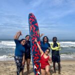 Anumol Instagram – Dawn’s embrace on the waves of Varkala with the amazing surfers of Moon Waves Surf Group and @rua_sta . You have an amazing team🌅🏄‍♀️✨ 

#EarlyMorningSurf #VarkalaVibes #MoonWavesSurfGroup #RuastaSurfingSchool #FirstTimeSurfer #SistersTravel #Anumol #Anuyathra Varkala Beach Kerala