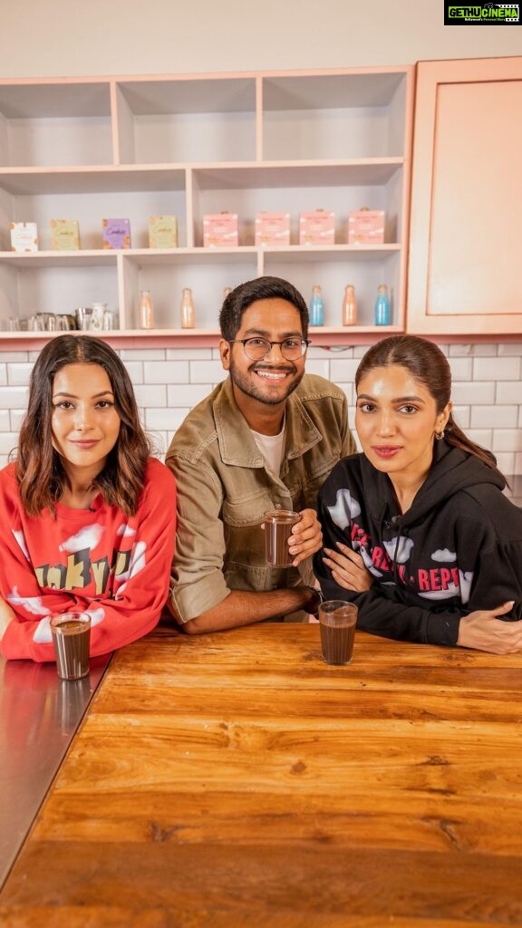 Bhumi Pednekar Instagram - Time to make the best ever #Haanji Hot Chocolate with your squad and make the best memories💁🏻‍♂️✨ I made mine with the best ever @bhumipednekar @shehnaazgill AKA Kanika and Rushi, from this year’s blockbuster chick-flick, #ThankYouComing 🙌🏻🫶🏻Give it a shot now and enjoy some quality sip-sip hurray moments with your crew ❤️✨ Ingredients: 🍫2 + 1/2 cup milk 🍫1/4 cup sugar 🍫1/4 cup cocoa powder 🍫1 tsp cinnamon powder 🍫1/2 tsp ginger powder 🍫2 tbsp Biscoff spread 🍫1 + 1/2 cup chocolate chips Method: 1) In a saucepan, add milk, sugar, cocoa powder, cinnamon powder and ginger powder 2) Let it come to a simmer and then add Biscoff spread and chocolate chips to it 3) Cook until it thickens and the chocolate is melted 4) Pour into 4 cups and enjoy bake with shivesh, shivesh bhatia, hot chocolate, yummy, hot chocolate recipe, recipes, food, movie, chocolate lovers, chocolate, desserts