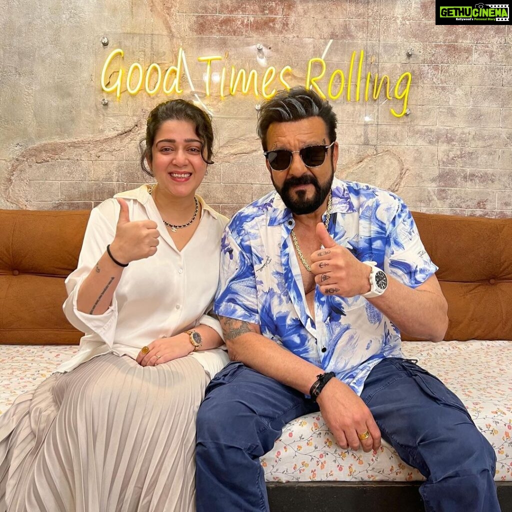 Charmy Kaur Instagram - Good times rolling with Baba on the sets of DOUBLE ISMART.. #DoubleIsmart @duttsanjay