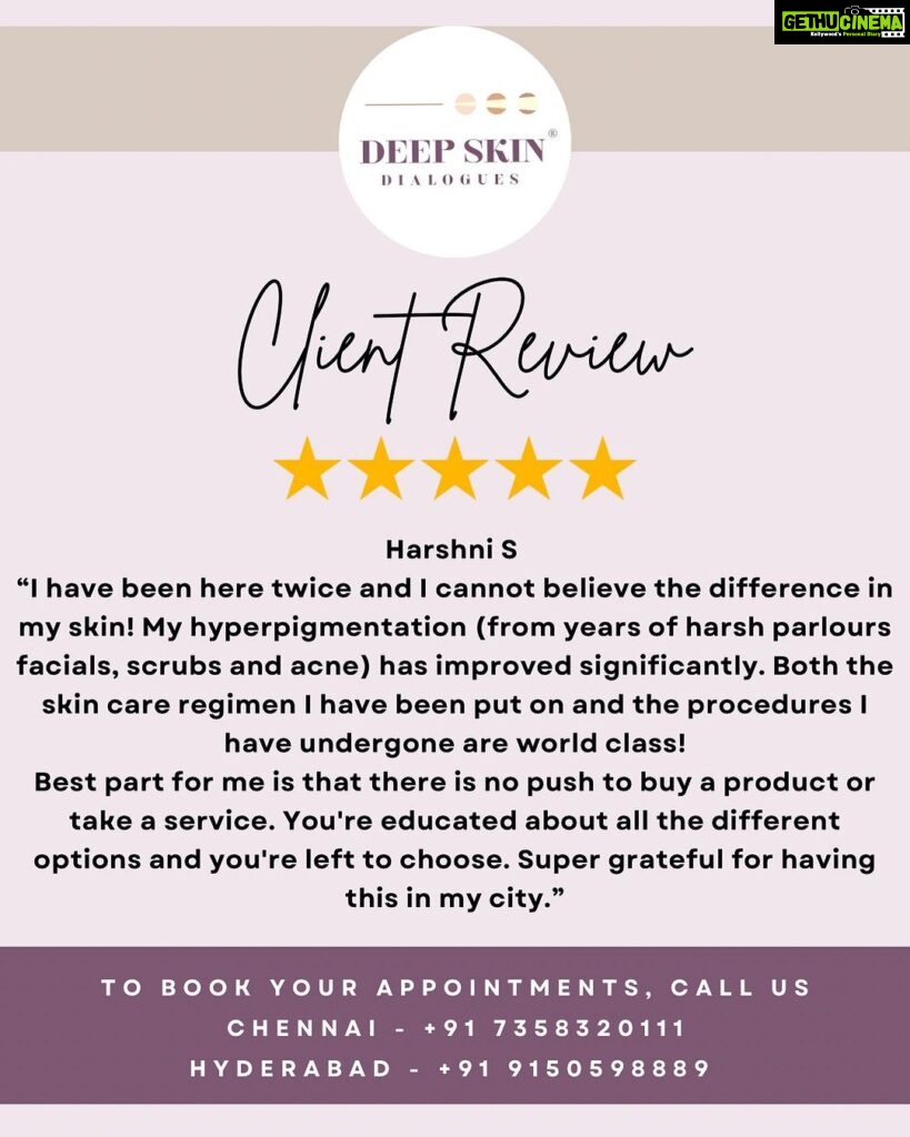 Chinmayi Instagram - Happy client feedback, courtesy of carefully curated skincare regimens and procedures from our supremely talented qualified dermatologists at Deep Skin Dialogues! To book your appointment, 📞 Chennai - +91 7358320111 📞 Hyderabad - +91 9150598889 #dermatology #dermatologist #deepskindialogues #skincareroutine #happyclient #feedback #fivestarreview #chennai #hyderabad #aestheticdermatology #medispa Chennai, India