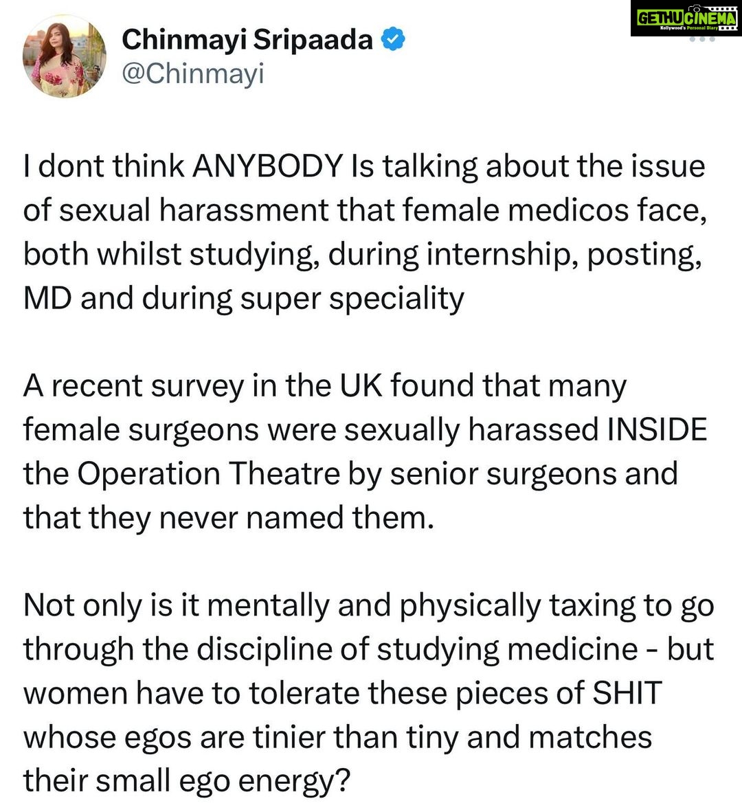 Chinmayi Instagram - Oh - I DEFINITELY WISH WITH ALL MY HEART that bloody every doctor that harassed a woman gets unalived and rots in pain. Azhugi saavanumda neengallam. Ottumotthama ungala mattum oru tsunami virus illa boogambam yaenda thookka maatengudhu. Yaen?! Medicos who complain will detained, failed in practicals so women have to tolerate. I wish these men’s small egos can be sliced off instead. Porukkinga. The rage wont stop.