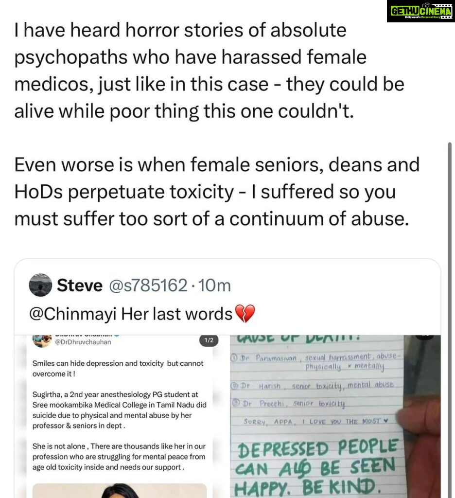 Chinmayi Instagram - Oh - I DEFINITELY WISH WITH ALL MY HEART that bloody every doctor that harassed a woman gets unalived and rots in pain. Azhugi saavanumda neengallam. Ottumotthama ungala mattum oru tsunami virus illa boogambam yaenda thookka maatengudhu. Yaen?! Medicos who complain will detained, failed in practicals so women have to tolerate. I wish these men’s small egos can be sliced off instead. Porukkinga. The rage wont stop.