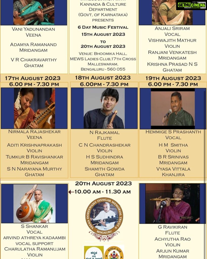 Dhanya Balakrishna Instagram - Veena Doreswamy Iyengar Memorial Trust is celebrating the103 rd birth anniversary of Mysore V Doreswamy Iyengar ,padma bhushan awardee and my dear grandfather from 15th August to 20th August at Bhoomika hall , 17th cr, malleswaram Bengaluru . I have attached the concert schedule in the next pic . please come and encourage our Organization and also the Artists. WISH YOU ALL A VERY HAPPY 77TH INDEPENDENCE DAY!