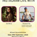 Dia Mirza Instagram - Down To Earth with Roopesh Rai @roopesh_rai 💚🐯🌏 Roopeshji’s mission is #ClimateAction. He is a social entrepreneur, founder of Bakri Chhap @bakrichhap and Chef. He describes himself as an “obsessive compulsive minimalist”. Roopesh ji is currently travelling through rural India on his bicycle and has covered 6350kms so far! His aim is to cover 12000kms engaging with rural youth on #ClimateAction 🙏🏻 He has been planting banyan and peepal trees along the way, identifying grassroot champions for climate action. A person with no athletic background, has chosen to put his life at risk by covering this distance with the sole purpose to help people and planet 🦋🌳 I am inspired and motivated by his leadership and action. You will be too 🙌🏼 watch now! #Act4SDGs #GlobalGoals #DownToEarthWithDee #ForPeopleForPlanet #SDGs #ChangeBeforeClimateChange Bhavan's College