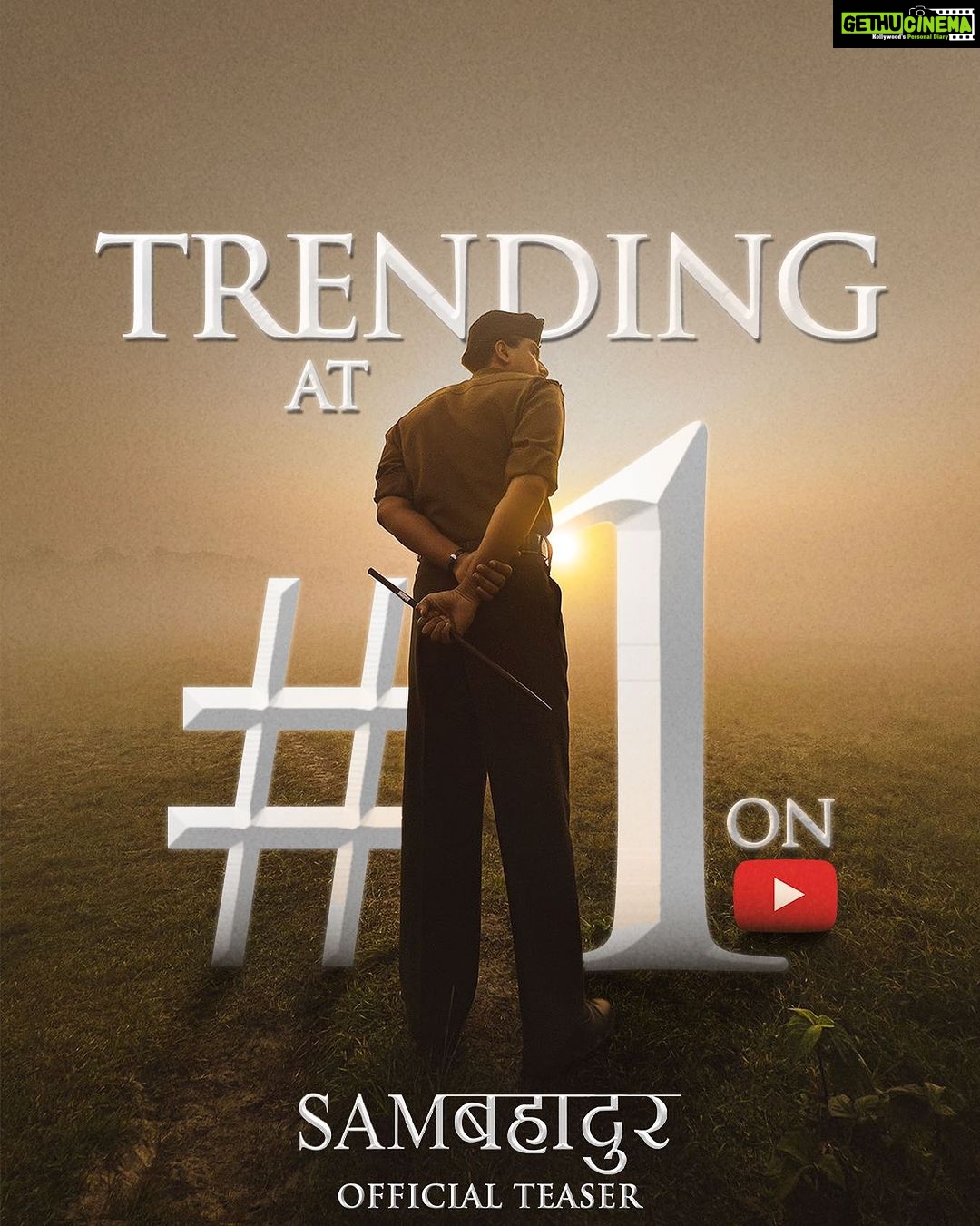 Fatima Sana Shaikh Instagram - The Man! The Legend! #Samबहादुर Teaser Trending At No.1 on #Youtube. Teaser Out Now. In cinemas 1.12.2023 @meghnagulzar @vickykaushal09 @sanyamalhotra_ @ronnie.screwvala @mohdzeeshanayyub @neerajkabi @realgovindnamdev @aanjjan.srivastav @bhavani.iyer @ishantanus @rsvpmovies @maharrshshah @zeemusiccompany #SamBahadur
