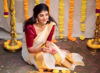 Gabriella Charlton Instagram - Onam Ashamsakal 🌾🌼 This one is special because mundu courtesy goes to my Ammama ❤️ Makeup @jiyamakeupartistry Hairdo @keerthana_makeup_and_hair Photography @haran_official_ Flowers in @redbridal_flowers Blouse @sdduniqueboutique_97 Jewel @chennai_jazz Location @jiya_studios