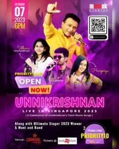 Haripriya Instagram - The wait is finally over. Private Sales for *Unnikrishnan Live in Singapore 2023* is now OPEN! Click the following link: https://sg.bookmyshow.com/booking/saleslink/PRIORITYSALES Use the promocode *PRIORITY10* to enjoy 10% OFF for priority sales for all category tickets. This promotion is exclusively for *Mask Studios* Important Note: The above priority promo code and sales is only valid from now till Saturday, 8th July 2023, 11:59pm! Following which the Public Sales will Open as per normal. *Book NOW!!!* #Unnikrishnan #booknow #BookMyShow #showtime #comingsoon #singapore