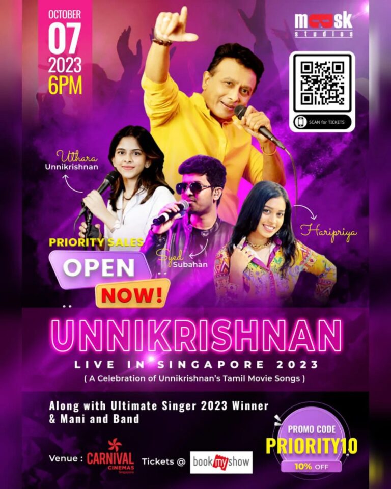 Haripriya Instagram - The wait is finally over. Private Sales for *Unnikrishnan Live in Singapore 2023* is now OPEN! Click the following link: https://sg.bookmyshow.com/booking/saleslink/PRIORITYSALES Use the promocode *PRIORITY10* to enjoy 10% OFF for priority sales for all category tickets. This promotion is exclusively for *Mask Studios* Important Note: The above priority promo code and sales is only valid from now till Saturday, 8th July 2023, 11:59pm! Following which the Public Sales will Open as per normal. *Book NOW!!!* #Unnikrishnan #booknow #BookMyShow #showtime #comingsoon #singapore
