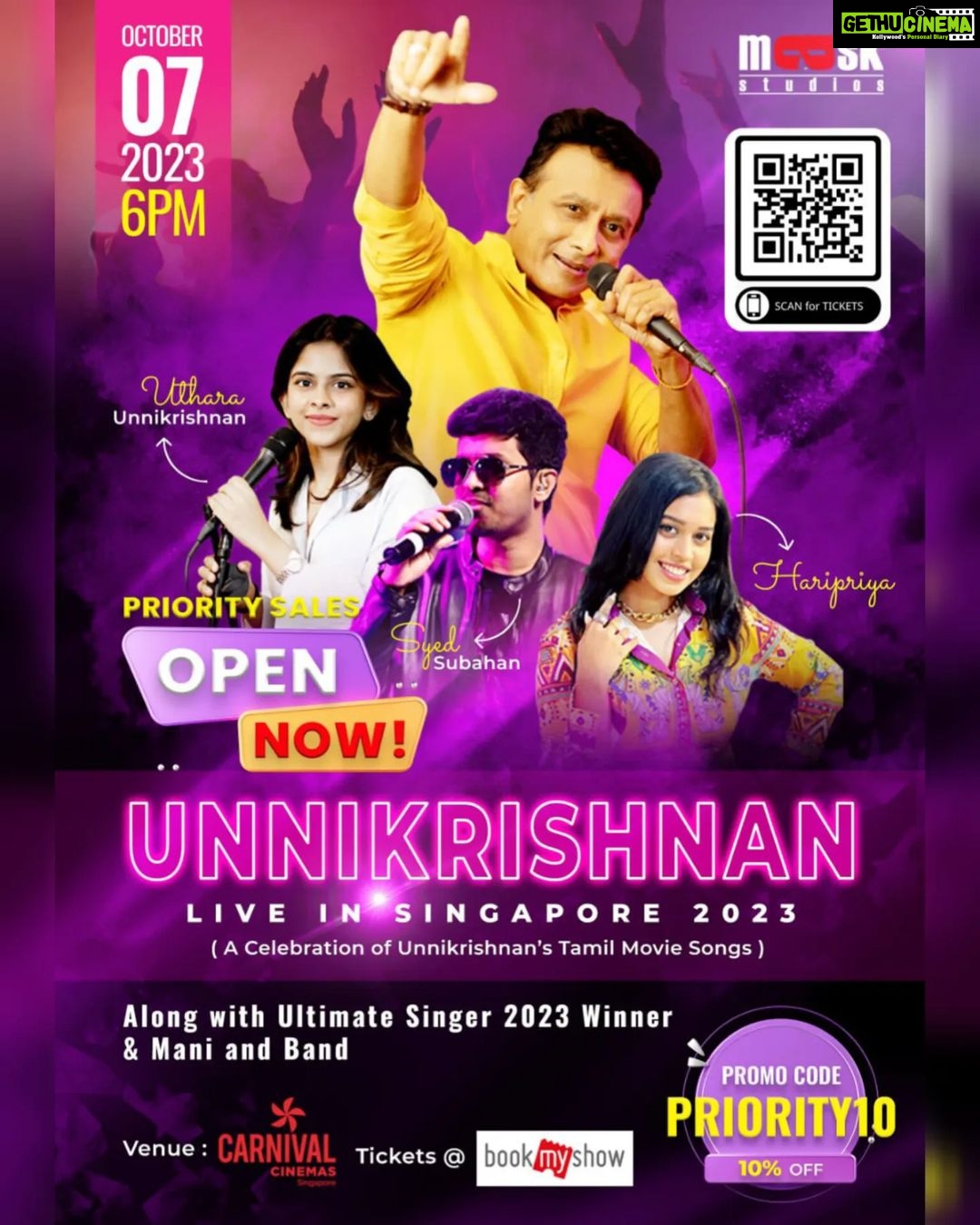 Haripriya Instagram - The wait is finally over. Private Sales for *Unnikrishnan Live in Singapore 2023* is now OPEN! Click the following link: https://sg.bookmyshow.com/booking/saleslink/PRIORITYSALES Use the promocode *PRIORITY10* to enjoy 10% OFF for priority sales for all category tickets. This promotion is exclusively for *Mask Studios* Important Note: The above priority promo code and sales is only valid from now till Saturday, 8th July 2023, 11:59pm! Following which the Public Sales will Open as per normal. *Book NOW!!!* #Unnikrishnan #booknow #BookMyShow #showtime #comingsoon #singapore