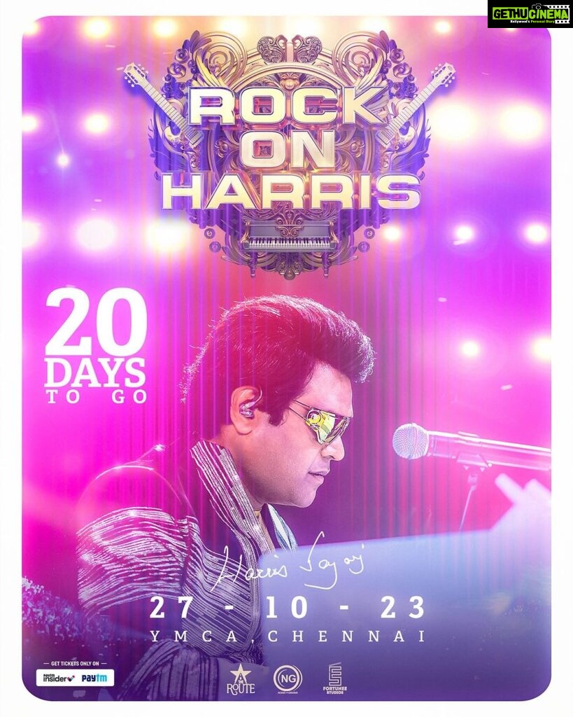 Harris Jayaraj Instagram - 2⃣0⃣ days to go Makkalee!!🫶 “ROCK ON HARRIS - Live In Concert, Chennai” 🎸 27/10/2023 at YMCA Nandanam Book your Tickets NOW @insider.in (Link in bio) 🎫 @jharrisjayaraj @noiseandgrains @therouteofficial @fortunee_studios @jagadish_palanisamy @karya2000 @itisveer @itssuryakumar_sk #RockOn #HarrisJayaraj #NoiseandGrains #Chennai