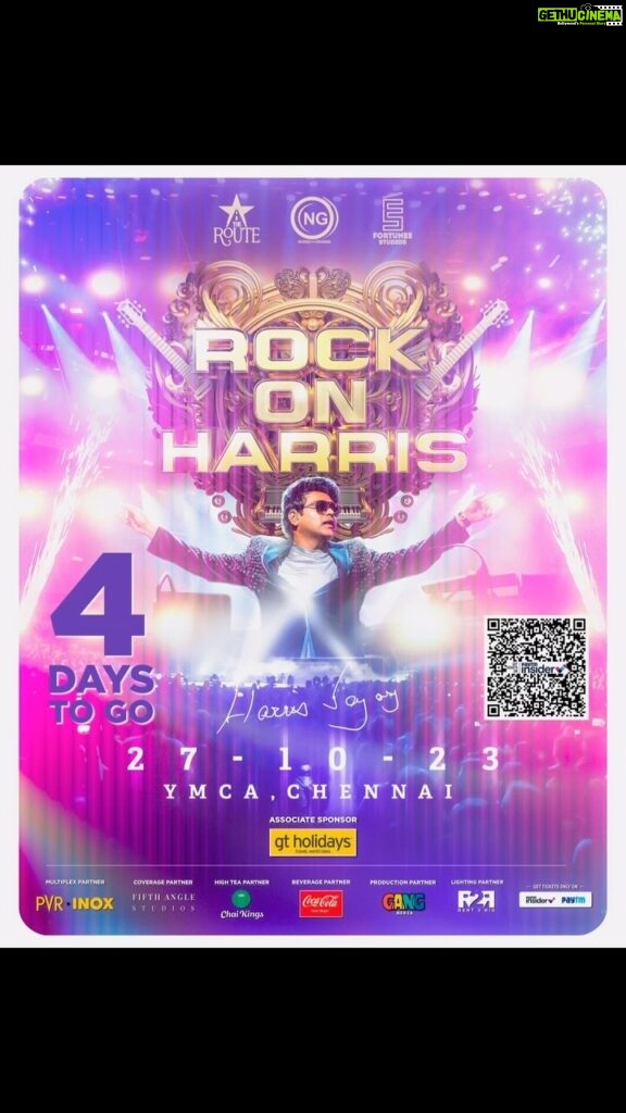 Harris Jayaraj Instagram - 4️⃣ more days to go!! 🫶🏻💫 “ROCK ON HARRIS - Live In Concert, Chennai” 🎸 27/10/2023 at YMCA Nandanam Book your Tickets NOW @insider.in (Link in bio) 🎫 @jharrisjayaraj @noiseandgrains @therouteofficial @fortunee_studios @jagadish_palanisamy @karya2000 @itisveer @itssuryakumar_sk @gtholidays.in @pvrpictures @chai_kings @cocacola_india @fifthanglestudios @gangmedia_offl @rent2rig #RockOn #HarrisJayaraj #NoiseandGrains #Chennai