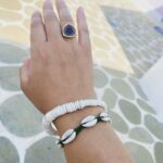 Hazel Keech Instagram - Perfect companion to sunny days @threadsthatbindandco shell bracelet @cocorootsjewelry mother of pearl bracelet and @mehrfinejewellery for the watermelon tourmaline gold ring