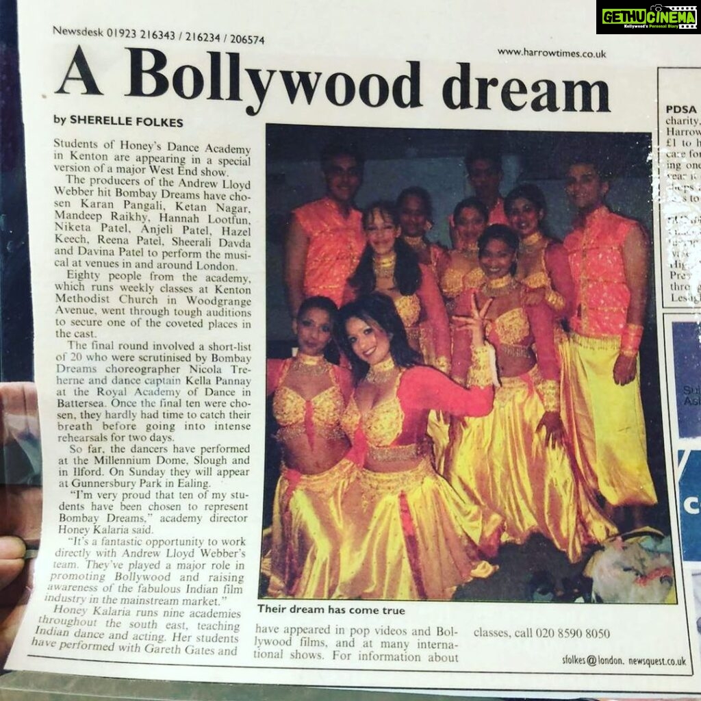Hazel Keech Instagram - Serious throwback here to my life as a professional dancer, i am centre left, with the bangs and a cheesy grin with @sheeralid kneeling in front of me. This might have been 2003/2004. Heres a newspaper clipping of our dance troupe after being selected to be part of Bombay Dreams the musical post gruelling auditions. This was the most fun and toughest performance i had done, the energy of this routine so high throughout and we had to cheat moments to catch a breath. It pushed me to become an artist who perform my best each time, whether during rehearsals or during a show. Ive had some amazing experiences through my career as a dancer/singer/model/actress/comedian so I’ve decided to start to share them with you all.