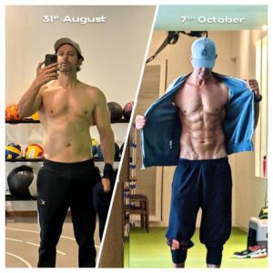 Hrithik Roshan Instagram - .
5 weeks. 
Start to finish. 
Post vacation to post shoot. 
Mission accomplished. 
Thank you knees , back, ankles, shoulders and spine and mind. You guys love a good fight. 
I love you all. Now time to rest and recuperate and begin to find an even better balance. 

Hardest part - was saying NO to other important things, loved ones, friends, social occasions, school PTM’s and even extended work hours. 
2nd hardest part - Getting into bed by 9pm. 
Easiest part - having a partner who is likeminded in thoughts and action. Thank you Sa. 
Best part - having a mentor like Mr. Kris Gethin who one can follow blind. Thank you Mr. Gethin for that expertise. 
Person I couldn’t do it without - my man Swapneel Hazare 
Thank you to my team. I am blessed to have these humans on my side. 
@vijaypalande11
@sushil_r_sharmaa
@iam_sentinel
@aalimhakim
@smerchant5
@vinraw
@vinisquam
@aakanksha.av
@swapneelhazare
@akshay.wagh88
@lakshmilehr
@shubham_vishwakkarma
@prarthanaajmani 

P.s : i do this cause my movie characters sometimes challenge me to look a certain way. And I love challenges. That being said, I don’t depend on one shape or the other for my own self worth.

(Sharing some very interesting voice notes from my online chats with Kris. Enjoy!) 

@krisgethin