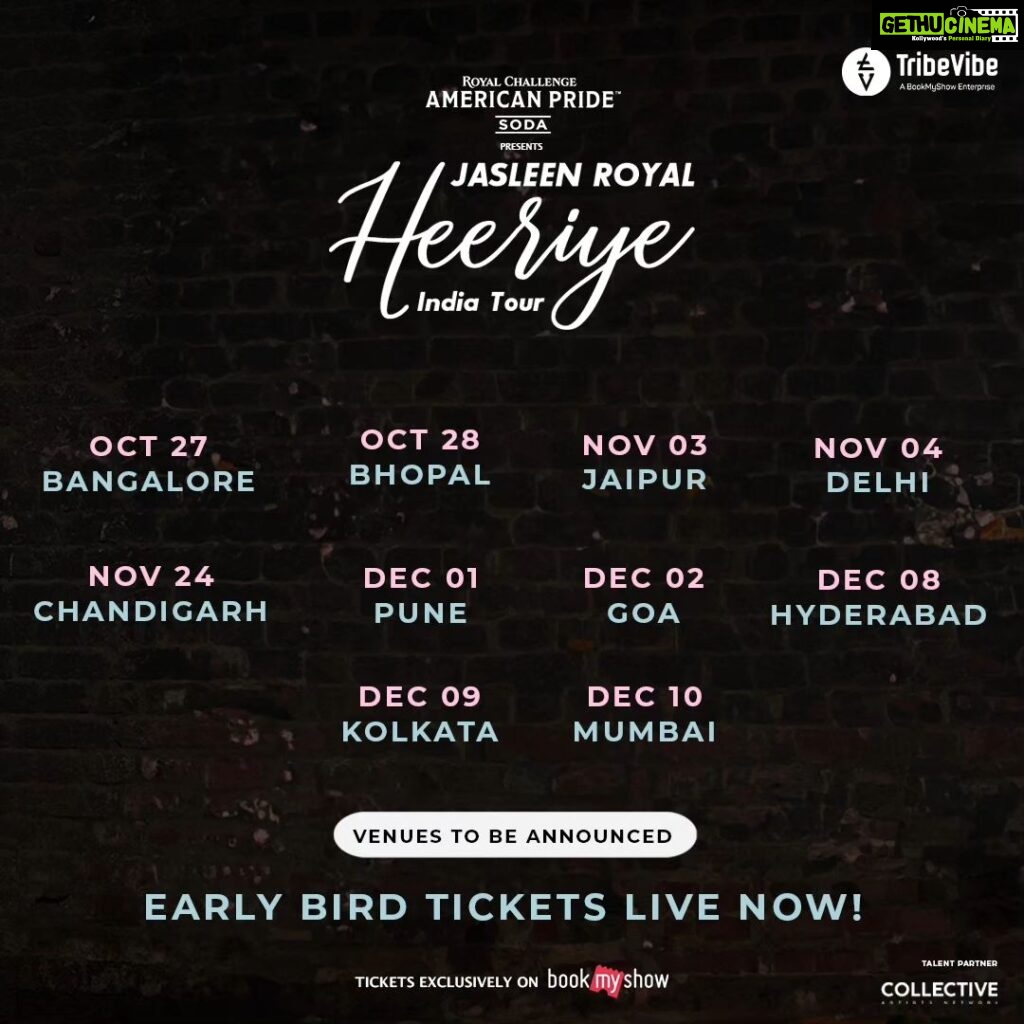 Jasleen Royal Instagram - And the big announcement is here! @rcamericanpridesoda presents Jasleen Royal - Heeriye India Tour Hitting the road soon and it's gonna be a vibe! 🫶✨️ Grab your tickets now! Link in bio Tickets Exclusively On: @bookmyshowin Produced by: @tribevibe.live Talent partner: @collectiveartistsdiaries @bgbngmusic #Tribevibe #JasleenRoyal #JasleenRoyalIndiaTour #Heeriye #HeeriyeIndiaTour #JasleenRoyalHeeriye #JasleenRoyalHeeriyeTour #Booknow #ticketslive #liveshow #live #liveevent #IndiaTour #India