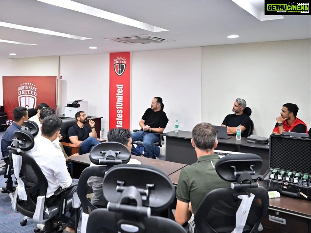 John Abraham Instagram - It was a special day filled with passion, strategic talks, and the energy of our team coming together! Thank you @thejohnabraham for making it an unforgettable day at the #NEUFC offices 🤩 #StrongerAsOne #8States1United Indira Gandhi Athletic Stadium