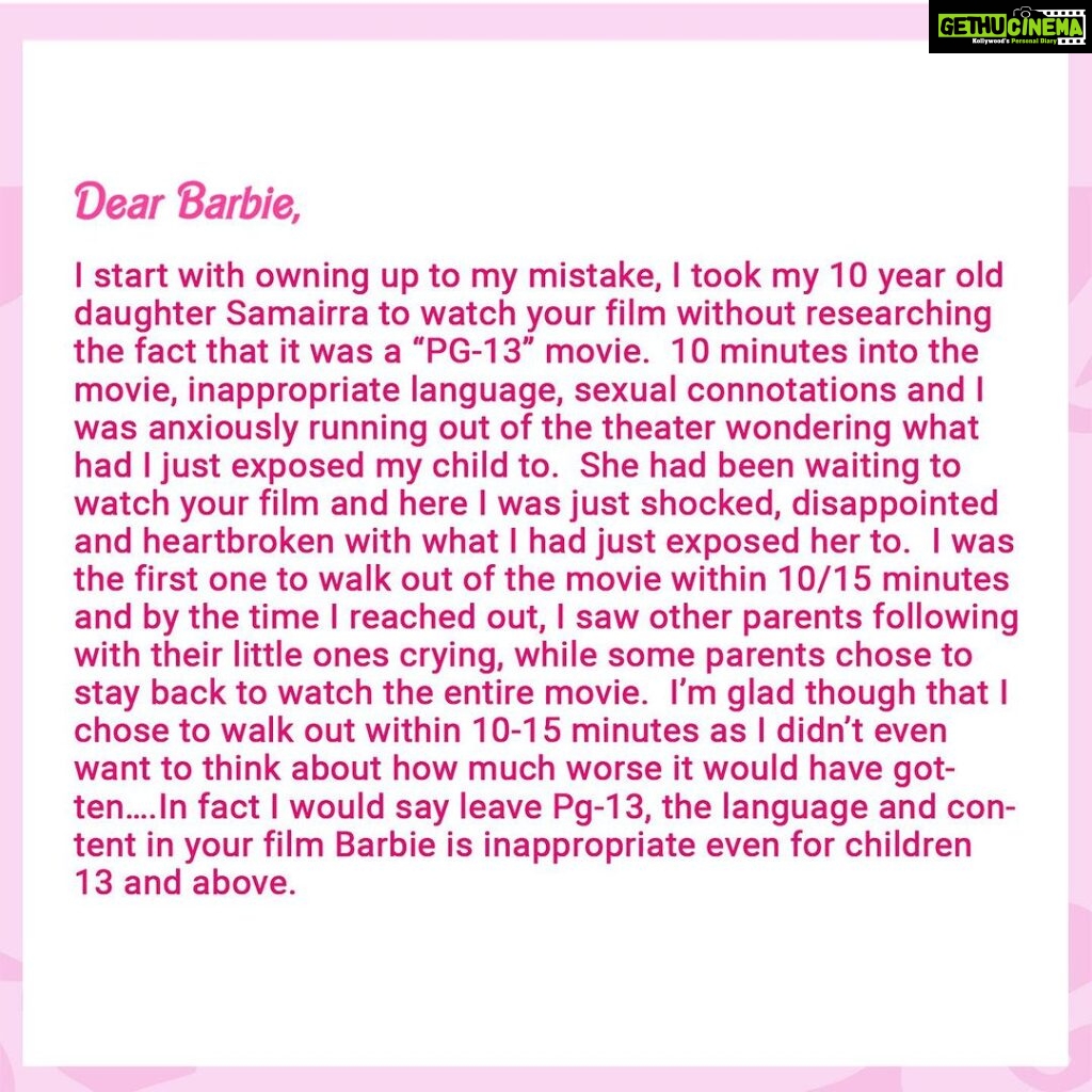 Juhi Parmar Instagram - A lot of my own audience is not going to happy be with what I share today, some of you may send me a lot of angst but I share this note as a concerned parent to Barbie! And for the other parents out there, don’t make the mistake I did and please do check before you take your child for the film, that choice is yours! #responsibleparentingwithjuhi #parenting #responsibleparenting #parent