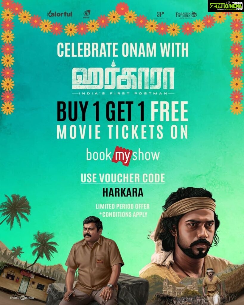Kaali Venkat Instagram - #Harkara Onam Special BUY ONE & GET ONE FREE TICKET OFFER !! User Voucher Code : HARKARA on booking portal - “Book My Show” & get a Free Ticket !! Limited Period Offer, make use of it 🥳 Film based on India’s First Postman starring @kaaliactor & @RamArunCastro1 😊