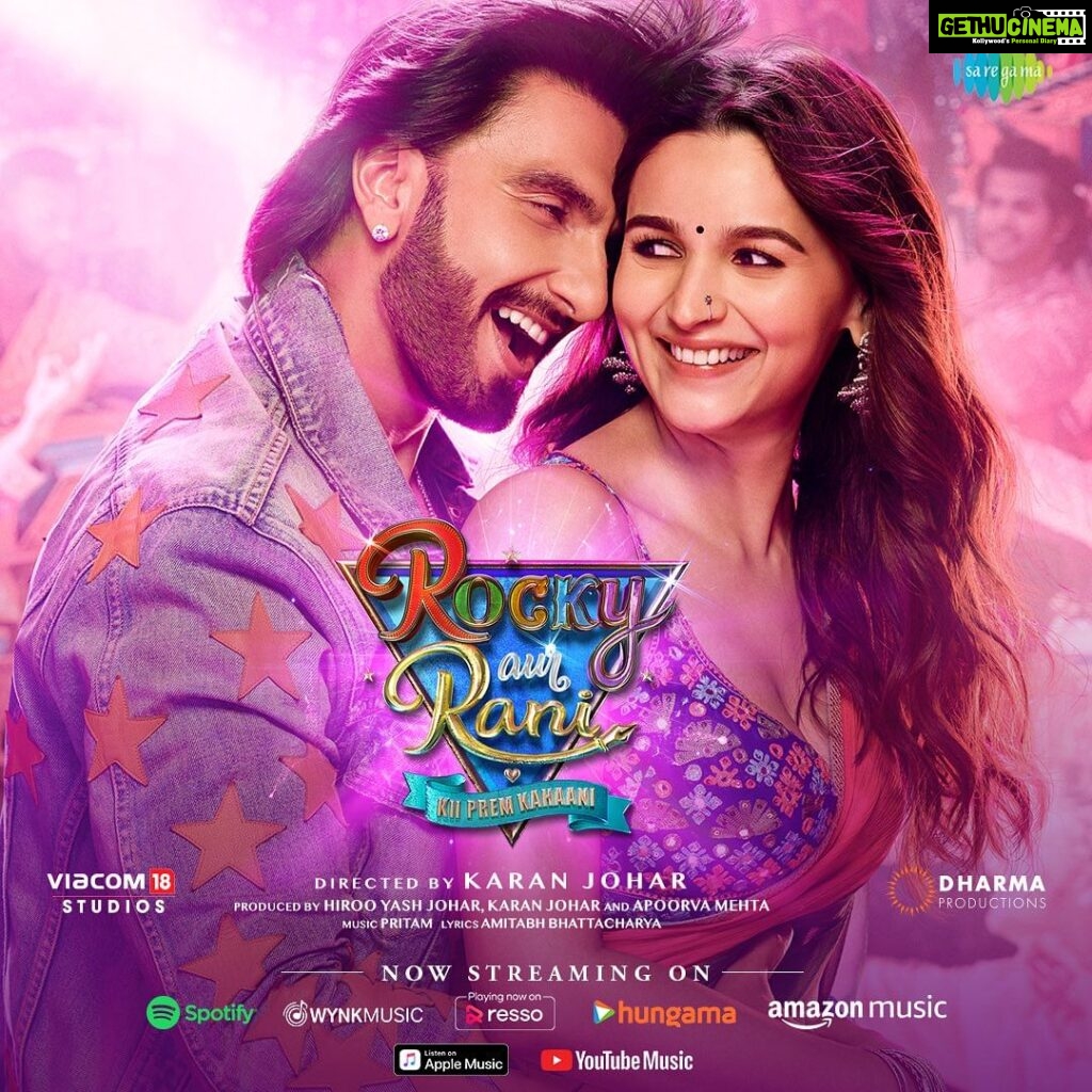 Karan Johar Instagram - Experience one of the most essential characters of my films, the music...in its entirety TODAY, as the entire album of #RockyAurRaniKiiPremKahaani is streaming NOW on all platforms!!!!💜💜💜 Our film is in cinemas now, watch it now with your family & friends, book your tickets now! (Links in bio) #RRKPK @aapkadharam #JayaBachchan @azmishabana18 @ranveersingh @aliaabhatt @apoorva1972 @ajit_andhare @_ishita_moitra_ @shashankkhaitan @gogoroy @somenmishra @ipritamofficial @amitabhbhattacharyaofficial @dharmamovies @viacom18studios @saregama_official