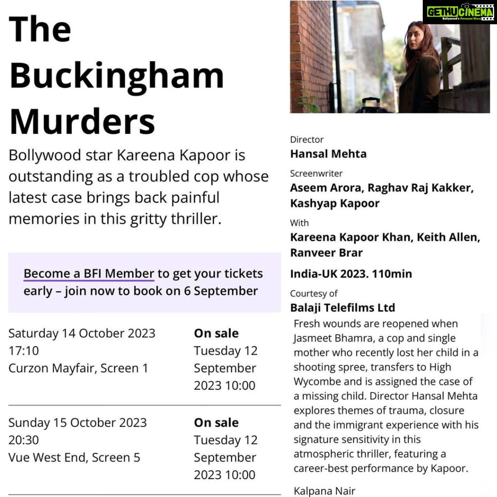 Kareena Kapoor Instagram - 'The Buckingham Murders’ a journey that @hansalmehta, @ektarkapoor and I took is premiering at the 67th BFI London Film Festival. It is an atmospheric thriller, that explores themes of loss, closure and the immigrant experience. What makes this moment even more special is that it’s one of the three films from India that made it to the festival! 🥹❤️ If you happen to be in the UK, we hope you can watch it, it's being shown at the Curzon Mayfair on the 14th and the Vue Leicester Square on the 15th October. 🎥 ✨ @hansalmehta @ektarkapoor @shobha9168 @balajimotionpictures @mahana_films