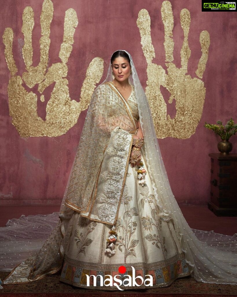 Kareena Kapoor Instagram - How could I leave out the bride who loves Ivory? Ever since I envisaged this collection, I’ve always imagined Kareena wearing these uber cool shades, sipping on a special blend of House of Masaba tea. This picture feels like we’ve come full circle - just the way I’d hoped. :) Clearly the color of the season - done with a Masaba Twist featuring a patchwork border with Dori & Sitara in a brilliant ‘Kasata’ inspired colorway. #TheMasabaBride #HouseofMasaba