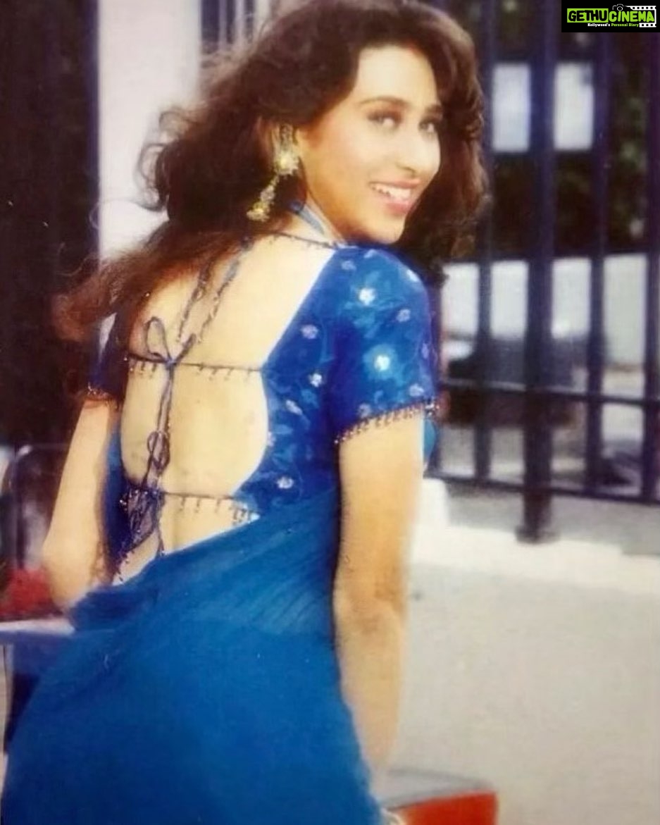 Karisma Kapoor Instagram - The days of chiffon sarees and a smile 💙 Do you remember the film ? Hint : it was a love triangle #guessinggame🔛 #flashbackfriday