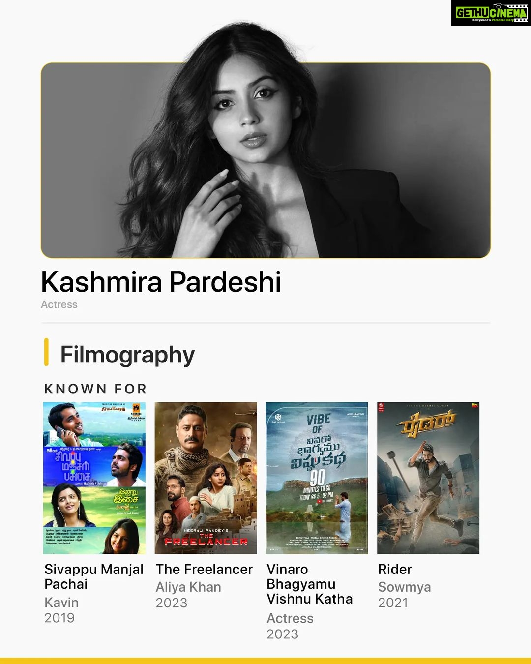Kashmira Pardesi Instagram - As you watch The Freelancer, @kashmiraofficial's debut in the OTT space, and want to explore more of her work, here is a list of titles she is known for, to add to your watchlist 💛 Which is your favourite character played by her? 🎬: Sivappu Manjal Pachai | Aha The Freelancer | Disney+ Hotstar Vinaro Bhagyamu Vishnu Katha | Aha Rider | Zee5