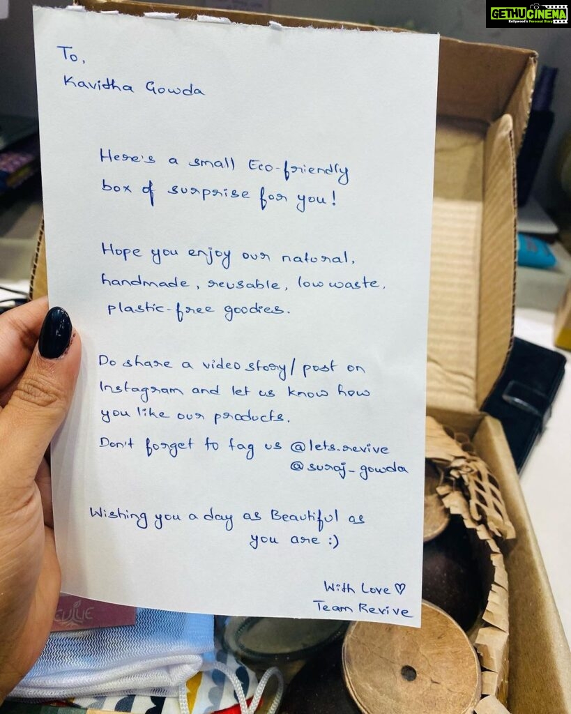 Kavitha Gowda Instagram - THANKYOU @lets.revive This is by far the best Eco- friendly box of goodies I’ve received Everything in this box is awesome and I love the thought of having plastic free , hand made , low waste and beat of all reusable !! Łódź of love to your team ❤️❤️ @suraj_gowda @glamshotz.salon