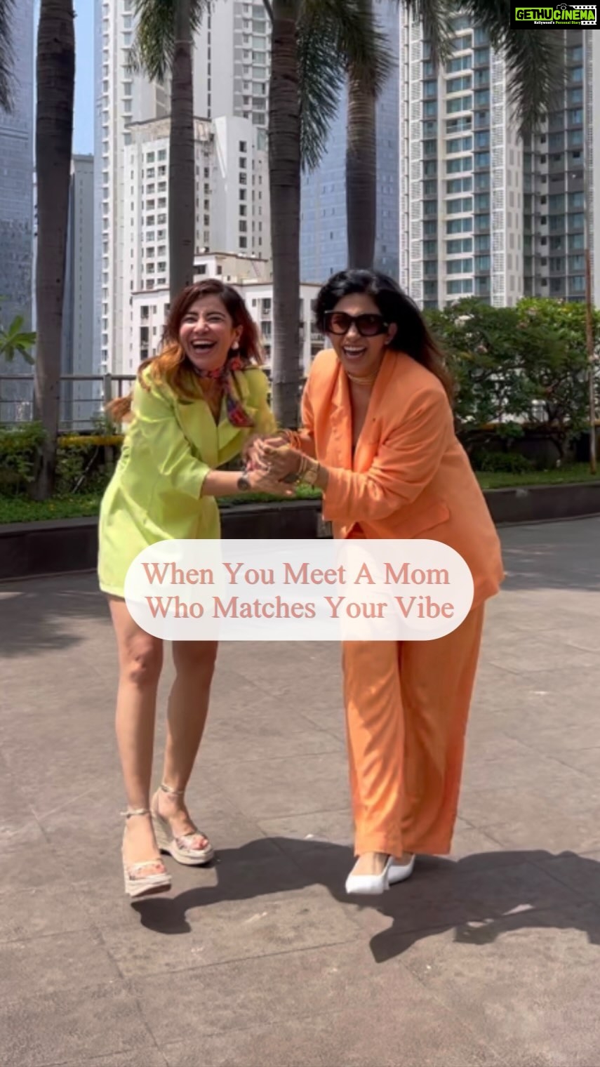 Kishwer Merchant Instagram - The feeling when you find someone matching your vibe 😍😍😍 and @kishwersmerchantt is 💕 💕 .. super fun shooting this in ONE TAKE 😎!! Tag your mom bestie #mombestie #momster #matchingmyvibe #neontheme #orangesuit #greenblazer #blazerdress #momlife #mominfluencers #momsofinsta #punjabidance #dancingontheroad
