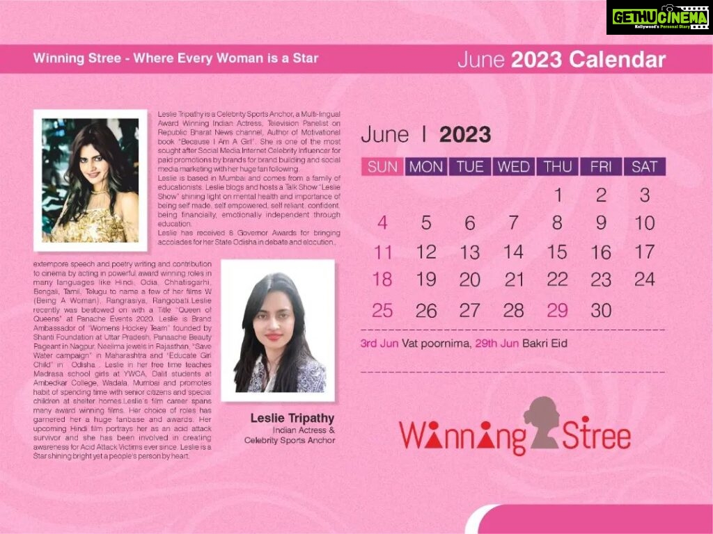 Leslie Tripathy Instagram - Winningstree brings out our star potential. Where every woman is a star!! Our June 2023 featured Stree in the calendar is none other than popular actress, model and anchor, a celebrated star @leslietripathy26 from Mumbai India! A star and social media influencer I am highly privileged to have featured her in our Winningstree Calendar. A celebrity sports anchor, she is also a regular panelist with Republic Bharat News Channel. She is the most sought after celebrity influencer on social media with a huge fan following. Her talk show which she hosts called the Leslie Show brings forth discussion on topics like women empowerment, mental health and financial independence! Her movies also talk highly of social impact as her latest portrays her as a acid attack victim. A great and popular star yet so down to earth. Leslie ji is really very very special. Thanks to some stars who connected us and from here on there will be no looking back. #June2023 #Winningstree #WinningStory #WinningJourney #Calendar2023 #WSCalendar