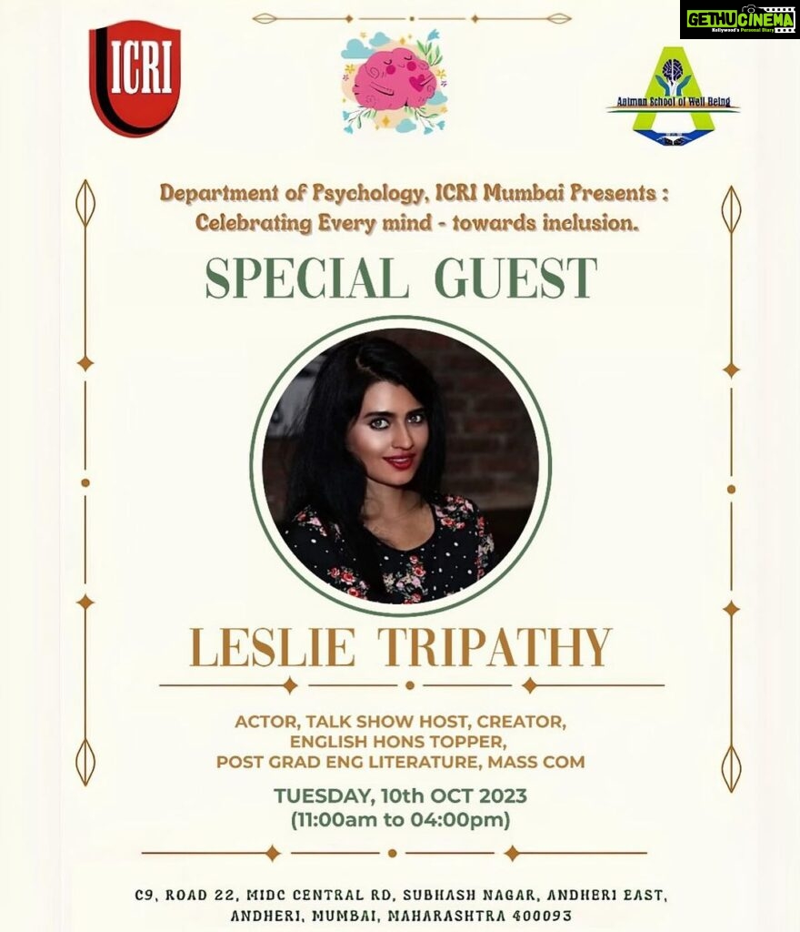 Leslie Tripathy Instagram - @samiyashaikh04 a dynamic student of psychology department from @aatman.icri @icriindia has invited me to a wonderful event for #mentalhealth . I am looking forward to “Celebrating Every Mind towards Inclusion” ICRI,MIDC