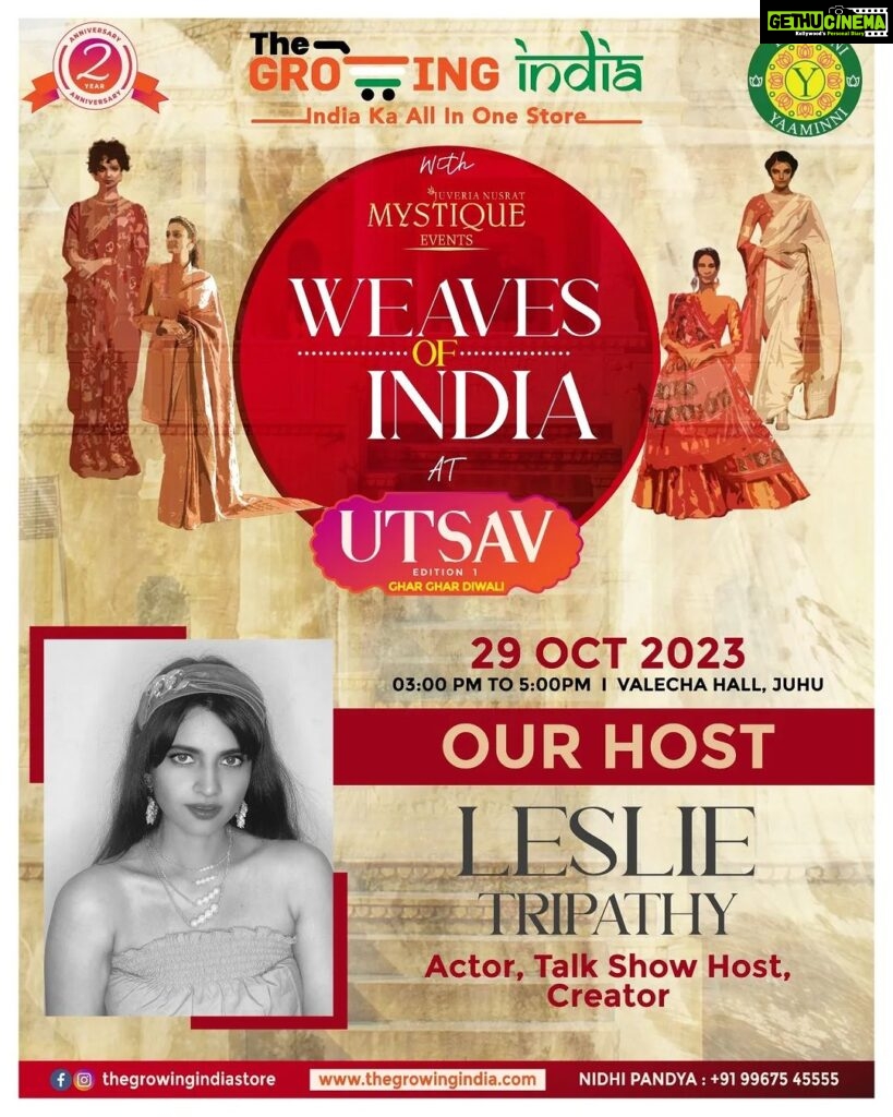 Leslie Tripathy Instagram - Here we announce our Wonderful host for our show attending our Fashion runway #WeavesofIndia A fashion runway and platform to support our Indian weaves and intact the traditions of India Our Host @leslietripathy Actor/Talk show host / creator Organised by @nidhi_pandya5555 a pop up curated to support our Indian artisian,weavers,karigars on account of our second anniversary bash of @thegrowingindiastore @nidhi_pandya5555 Do visit ....your presence will help hundreds of live artisans and karigars grow their business Your every purchase will help our homegrown brands grow and this Diwali 🎇🪔 let's spread some happiness and love by uplifting small business grow 🙏😊 A warm invite to one and all ....please drop in ,buy,shop and spread some love 💞 #Nidhipandya #thegrowingindiastore #prediwaliexhibition #faahionrunway #weavesofIndia #weaversofindia #karigars #artisians #popupshow Juhu, Mumbai